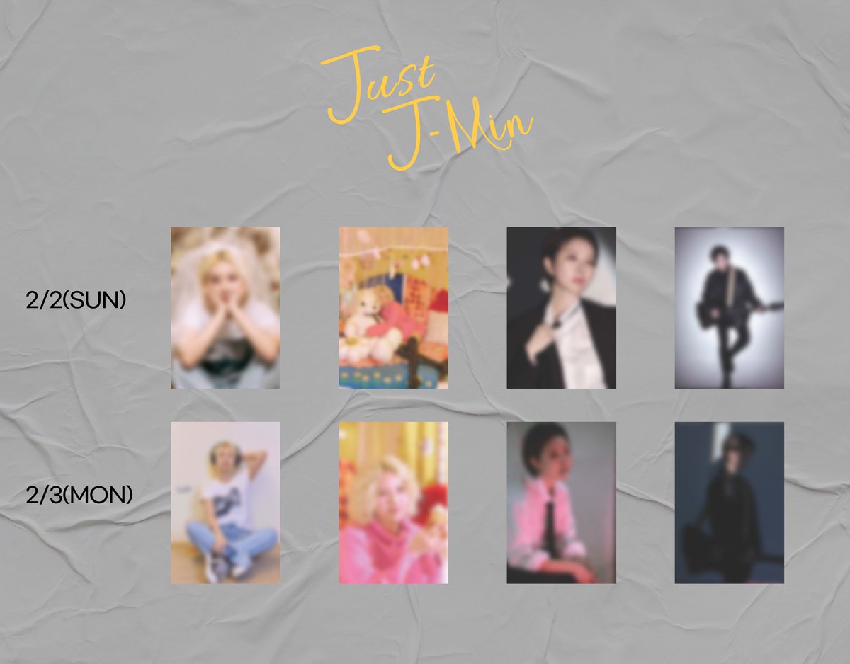 𝗝𝘂𝘀𝘁 𝗝-𝗠𝗶𝗻 

🎁찌민이 준비한 선물

🐾모든 컨셉 포토의 미공개 컷을 엽서로 증정해드립니다. 일요일과 월요일 사진 구성이 다르며, 4장 1세트 구성으로 양일 총 8개의 미공개 컷을 제이민 배우의 친필 사인과 함께 받아보실 수 있습니다.