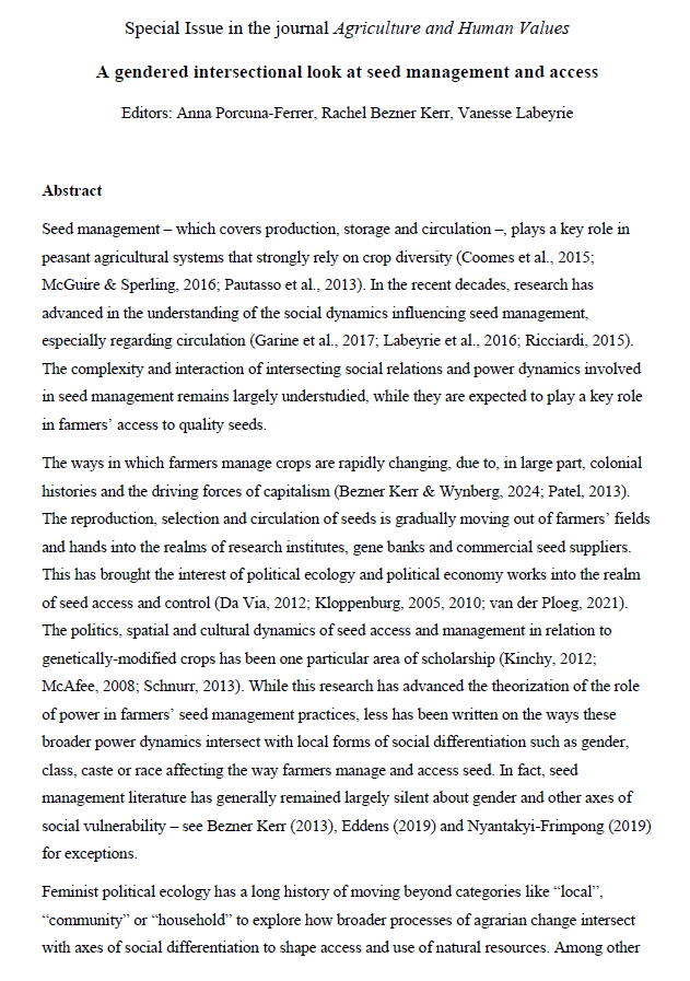 AnnaPorcuna's tweet photo. We are organising a Special Issue in Agriculture and Human Values: A gendered intersectional look at seed management and access. Deadline for full paper submission: 3rd March 2025. Co-editors:
@rbeznerkerr 
@VLabeyrie
Please RT https://t.co/55T8I1g8Ps