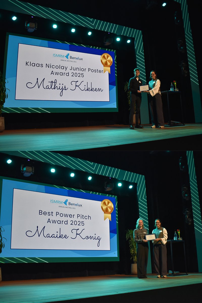 ISMRMbenelux's tweet image. Huge congratulations to all the winners of the ISMRM Benelux Meeting! 🏆
- Best junior poster: Mathijs Kikken
- Best senior poster: Chloé Najac
- Best power pitch: Maaike Konig
- Best oral presentation: Reagan Tompkins
- MRI art challenge: Madda Debiasi
#ISMRMBenelux