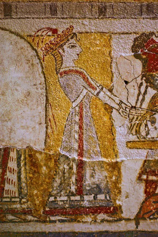 Detail from the Hagia Triada sarcophagus. 1400 BC. The sarcophagus was found in a Minoan cemetery at Hagia Triada, Crete. It is the only Minoan sarcophagus known to be fully painted.