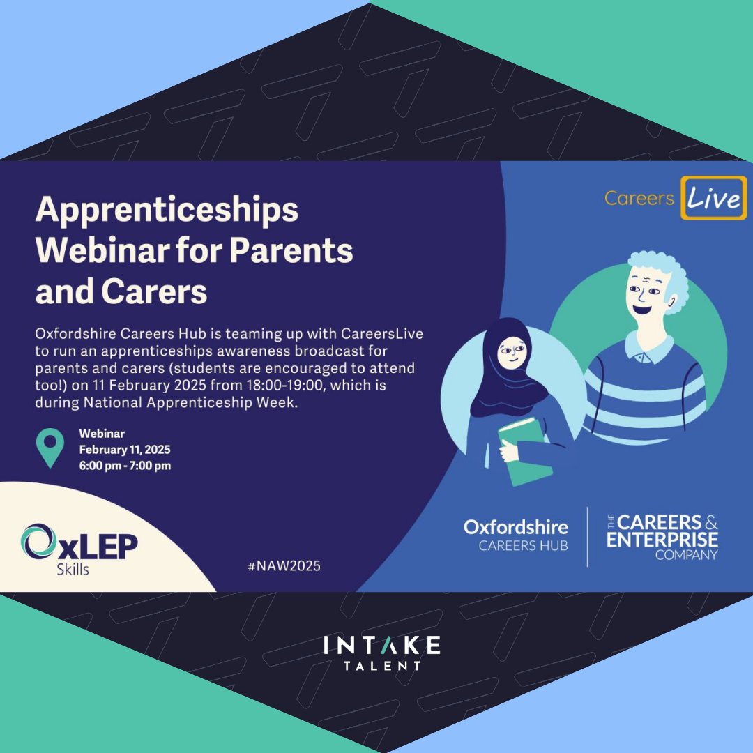 Intaketalent's tweet image. We are taking part in this free webinar with Oxfordshire Careers Hub to explore the many options available to guide your young person toward success.

Sign up today lnkd.in/eSKQEjWu

#intaketalent #oxlepskills #apprenticeships #webinar