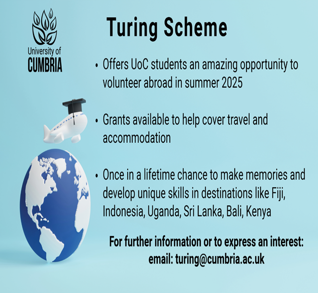 Exciting overseas internships &amp; volunteering opportunities for Summer 2025 with grants available via University of Cumbria. Partners include: Think Pacific; Play Action International; The Mighty Roar; Travelteer &amp; Work the World.

For more details or to express interest, emai ...