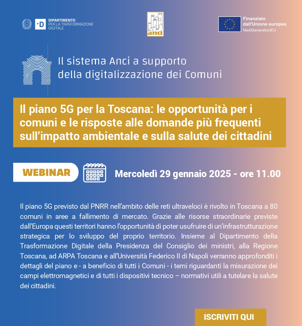 Anci Toscana (@ancitoscana) on Twitter photo #Piano #5G per la #Toscana, è rivolto ai Comuni toscani il #webinar organizzato da <a href="/comuni_anci/">comuni_anci</a> e da <a href="/InnovazioneGov/">Dipartimento per la Trasformazione Digitale</a> per mercoledì 29 gennaio dalle 11.00
➡️Info e iscrizioni anci.it/mercoledi-29-g… #Piano #5G per la #Toscana, è rivolto ai Comuni toscani il #webinar organizzato da <a href="/comuni_anci/">comuni_anci</a> e da <a href="/InnovazioneGov/">Dipartimento per la Trasformazione Digitale</a> per mercoledì 29 gennaio dalle 11.00
➡️Info e iscrizioni anci.it/mercoledi-29-g…