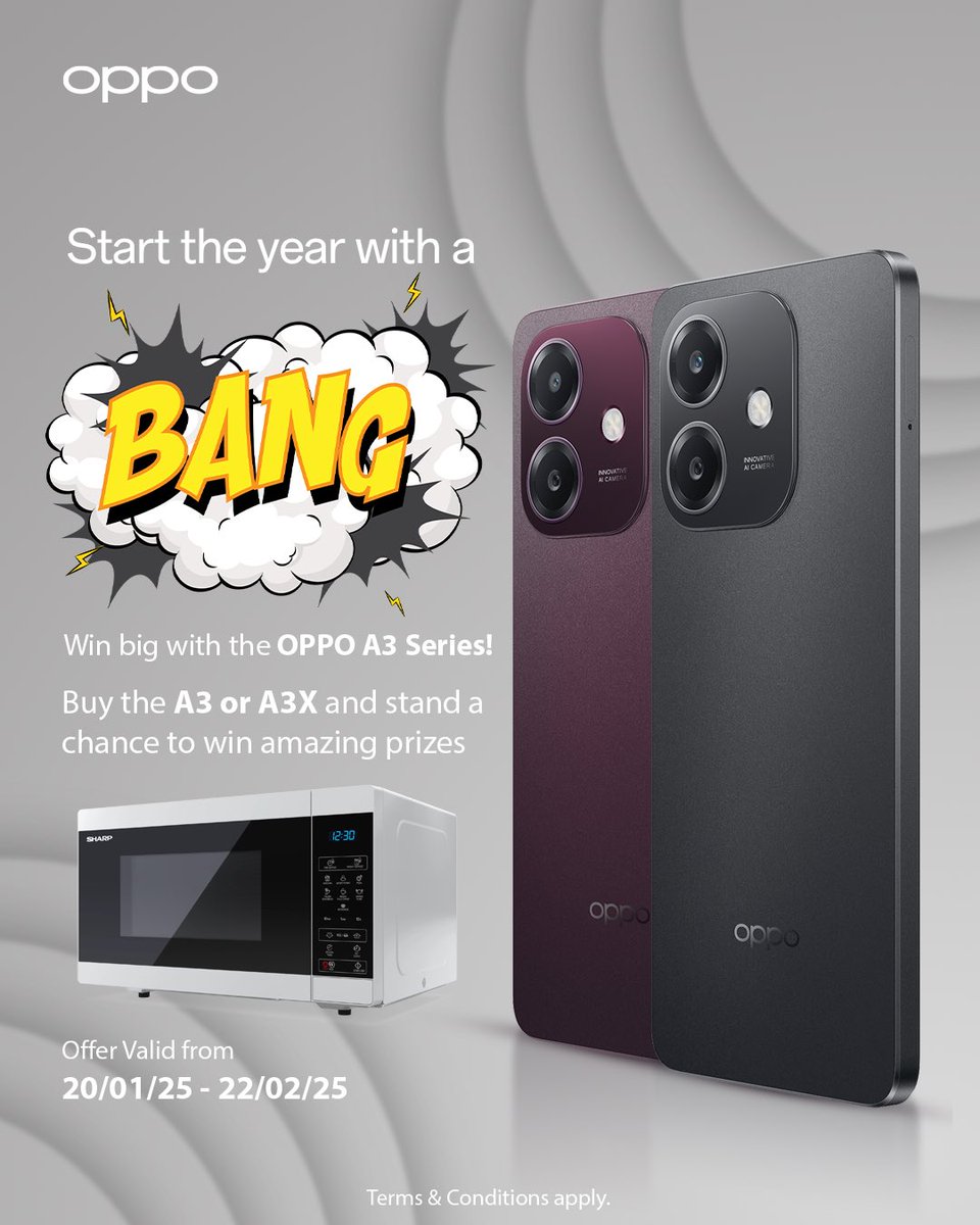 OPPONigeria's tweet photo. Win big when you buy the OPPO A3 Series this January!
Purchase now at any authorised retail store near you, and stand a chance to win a Microwave in the Raffle Draw. Start 2025 with a bang and a reward!
Terms and Conditions apply.
#OPPOA3X #OPPOA3Series #StartWithABang https://t.co/syyqjKvTun