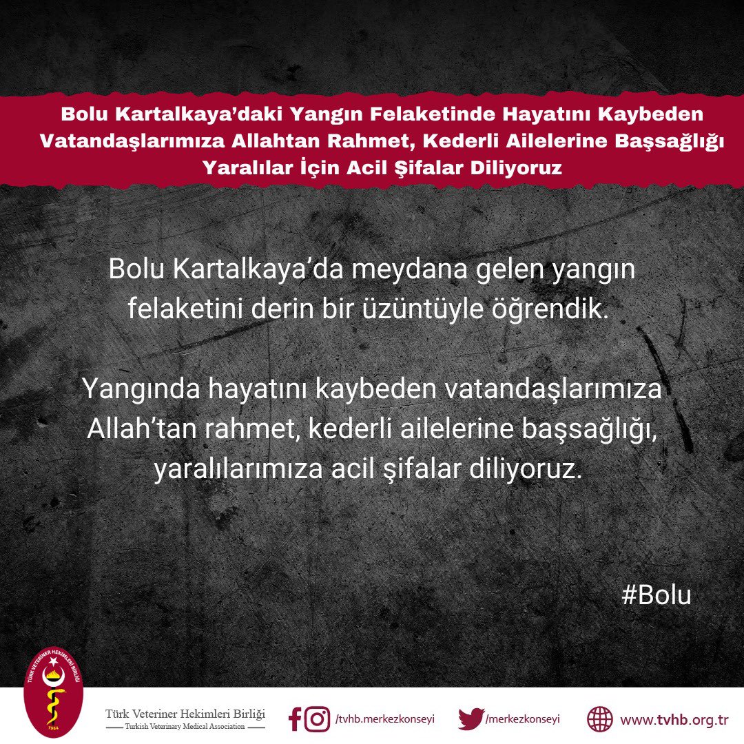 Bolu Kartalkaya’da meydana gelen yangın felaketini derin bir üzüntüyle öğrendik. 

Yangında hayatını kaybeden vatandaşlarımıza Allah’tan rahmet, kederli ailelerine başsağlığı, yaralılarımıza acil şifalar diliyoruz.

#Bolu