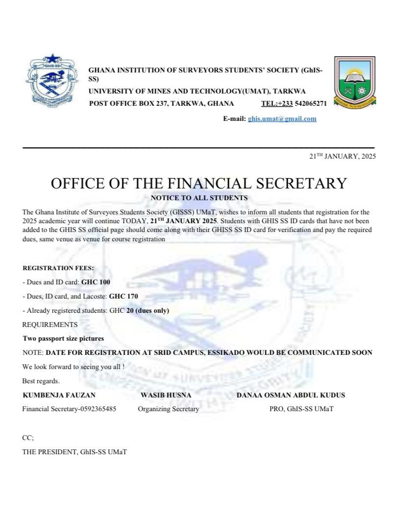 ghisumat's tweet image. ๐ ATTENTION STUDENTS ๐
GHIS-SS REGISTRATION CONTINUES
Donโt miss this opportunity to join Ghana Institution of Surveyors Student's Society (UMaT Chapter)!
Contact 020 435 7094 or 024 758 0168ย toย joinย now