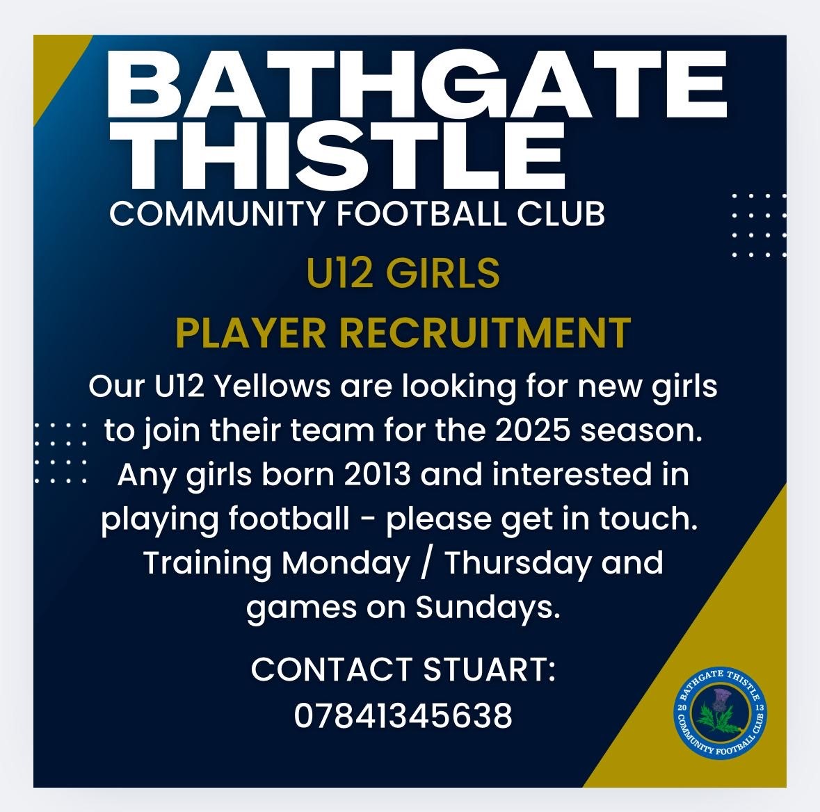 ⚽️🏃‍♀️2013 GIRLS PLAYER RECRUITMENT🏃‍♀️⚽️

<a href="/bathgatethistle/">Bathgate Thistle FC</a>  are one of our <a href="/ActiveWL/">Active West Lothian</a> Accredited Sports Clubs and are looking to add to their 2013 squad.