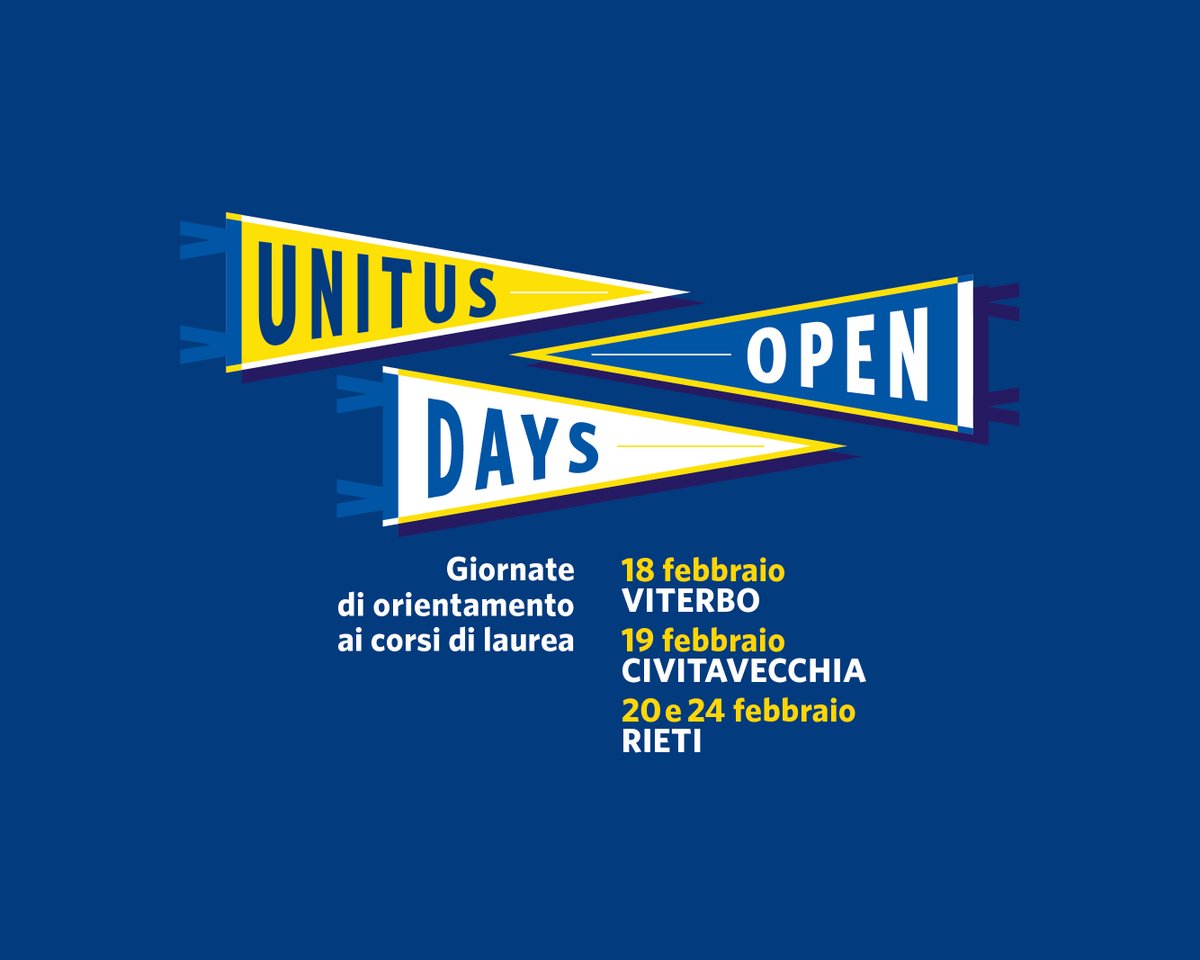 𝗨𝗡𝗜𝗧𝗨𝗦 𝗢𝗣𝗘𝗡 𝗗𝗔𝗬𝗦

Tornano gli Open Days!🎓

📣Il 𝟭𝟴 (polo di Viterbo), 𝟭𝟵 (polo di Civitavecchia) 𝟮𝟬 e 𝟮𝟰 (polo di Rieti) 𝗳𝗲𝗯𝗯𝗿𝗮𝗶𝗼.

 Scopri il programma delle giornate e iscriviti bit.ly/3PEVqGR! 

#WeUnitus