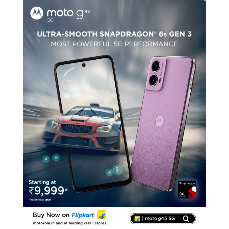 motorolaindia's tweet photo. Fueled with the segment’s most powerful Snapdragon® 6s Gen 3 octa-core processor, the #MotoG45 5G delivers the fastest 5G speeds with segment’s highest 13 5G band.⚡📱
Buy Now on @Flipkart, https://t.co/azcEfy2uaW, and at leading retail stores. Starting at ₹9,999*
#FastNWow