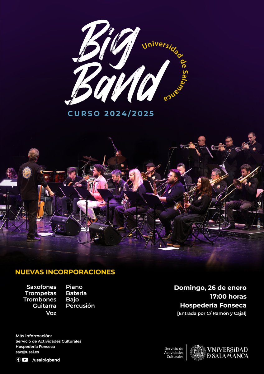 Servicio de Actividades Culturales USAL (@sac_usal) on Twitter photo 🎶🎺🎷🎹🎙️🥁 ¡La Big Band de la <a href="/usal/">Universidad de Salamanca</a> te está buscando!
El próximo 26 de enero estará haciendo audiciones para incorporar saxofones, trompetas, trombones, guitarra, voz, piano, bajo, batería y percusión en la Hospedería Fonseca. 🎶🎺🎷🎹🎙️🥁 ¡La Big Band de la <a href="/usal/">Universidad de Salamanca</a> te está buscando!
El próximo 26 de enero estará haciendo audiciones para incorporar saxofones, trompetas, trombones, guitarra, voz, piano, bajo, batería y percusión en la Hospedería Fonseca.