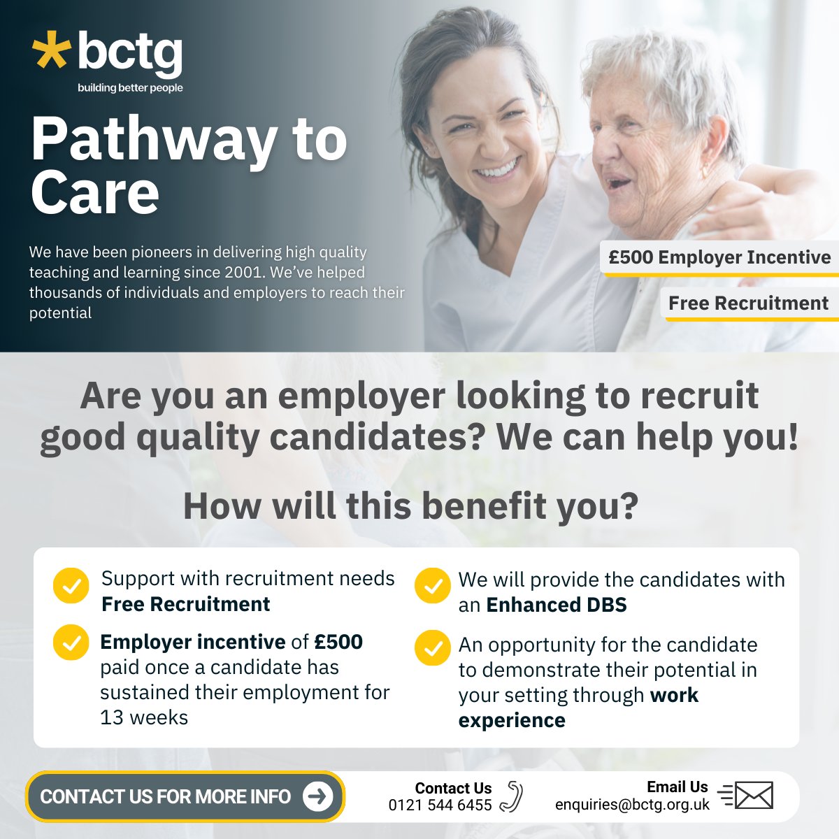 Are you an employer with vacancies in Sandwell looking for good quality candidates to fill various roles in the Care sector ? We can support you!🤝

For further information please contact us:

📱 0121 544 6455
⌨️ enquiries@bctg.org.uk

#employment #freerecruitment #Job