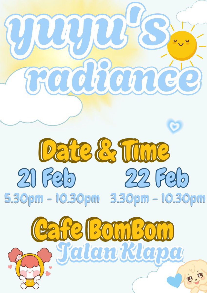 Celebrating our Yunho's Shining moments - Yuyu's Radiance🌟

Save the dates in your calendar🗓 and join us at Cafe BomBom Jalan Klapa to have a Boming fun time!!