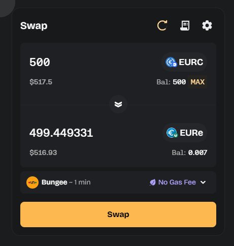 Ok this is cool. You see a lot of buzzwords about web3 products, but really think this is a game changer. Easily swapped EURc into EURe thanks to <a href="/BungeeExchange/">Bungee 🕵️</a>. This used to be a pain in the ass with lof of swaps and bridging, but this UX is seamless. Congratz to the team.