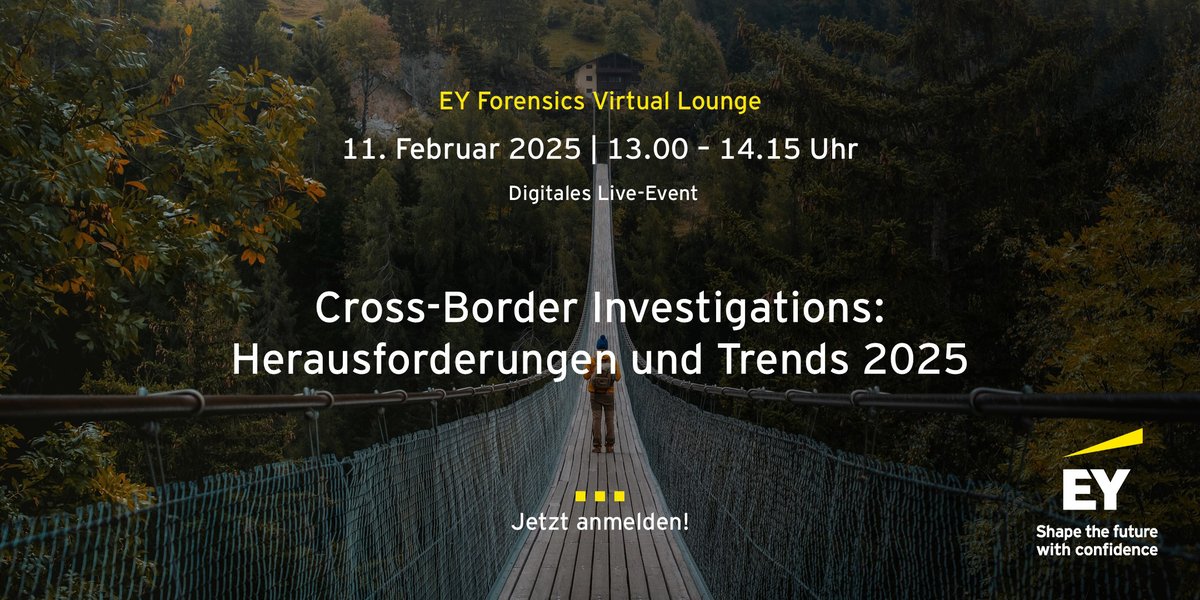 Internationale Untersuchungen erfordern die Beachtung rechtlicher, logistischer und kultureller Rahmenbedingungen. Branchenexperten aus sechs Ländern beleuchten aktuelle Trends und Herausforderungen. Jetzt anmelden!
go.ey.com/3Wp944B
#EYForensics