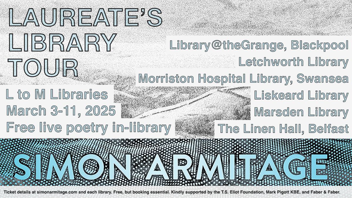 FaberBooks's tweet image. Poet Laureate Simon Armitage embarks on the next leg of his ten-year tour of UK libraries, 3-11 March. For details of events, see simonarmitage.com