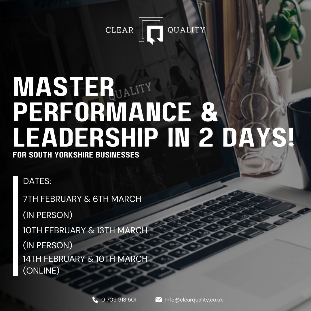 Boost Performance &amp; Leadership!

📍 South Yorkshire businesses, join our 2-day course for just £100 (70% funded)!

💼 Day 1: Mastering production excellence
💼 Day 2: Inspiring leadership

📞 01709 918 501 | 📧 info@clearquality.co.uk

#LeadershipTraining #SouthYorkshire