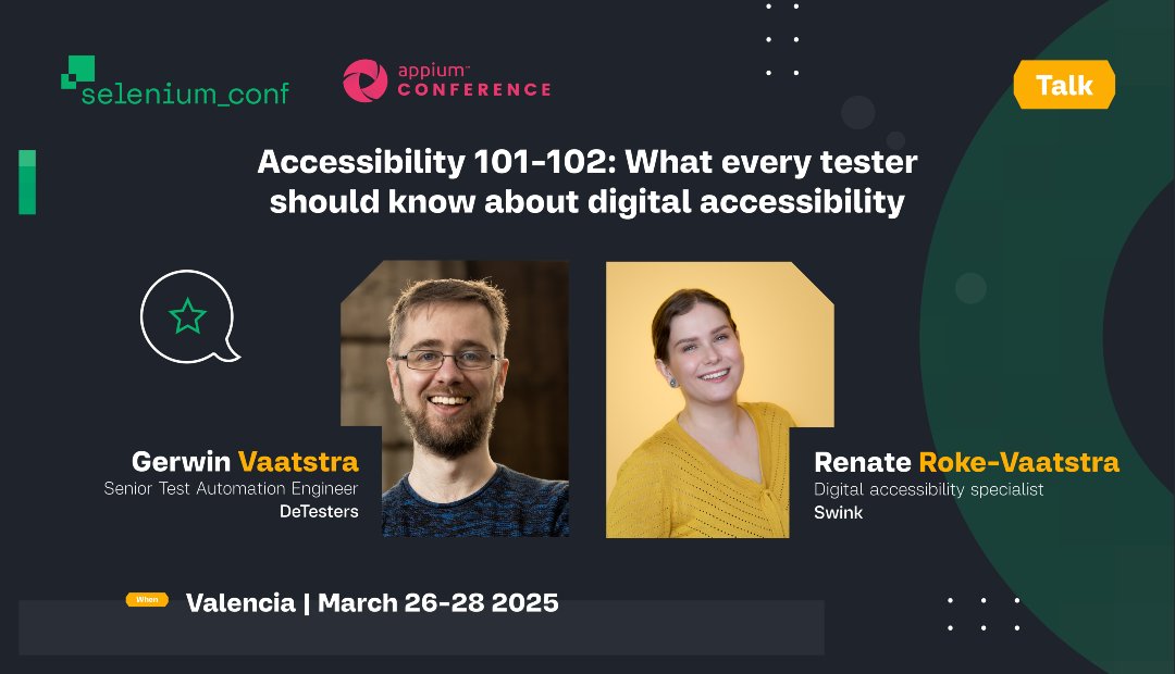 Join Gerwin Vaatstra &amp; Renate Roke-Vaatstra at #SeleniumConf2025 to learn how to incorporate accessibility testing into your workflow ahead of the European Accessibility Act. Don’t miss out—get your tickets now!
seleniumconf.com/register/ #Selenium #Appium