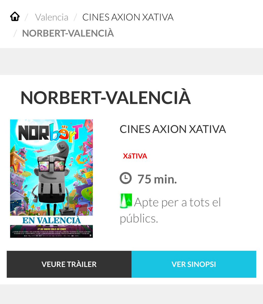 Carles #XUnida❤️ (@carlesxtva) on Twitter photo Aquesta setmana als cines Axion de Xàtiva projecten aquesta pel·licula d’animació EN VALENCIÀ.
Sols fins el dijous‼️
🌐 reservaentradas.com/sesiones/xativ…
<a href="/CINEAXIONXATIVA/">CINES AXION XATIVA</a> <a href="/Xativa/">Ajuntament de Xàtiva</a>
#cinemaenvalencià Aquesta setmana als cines Axion de Xàtiva projecten aquesta pel·licula d’animació EN VALENCIÀ.
Sols fins el dijous‼️
🌐 reservaentradas.com/sesiones/xativ…
<a href="/CINEAXIONXATIVA/">CINES AXION XATIVA</a> <a href="/Xativa/">Ajuntament de Xàtiva</a>
#cinemaenvalencià