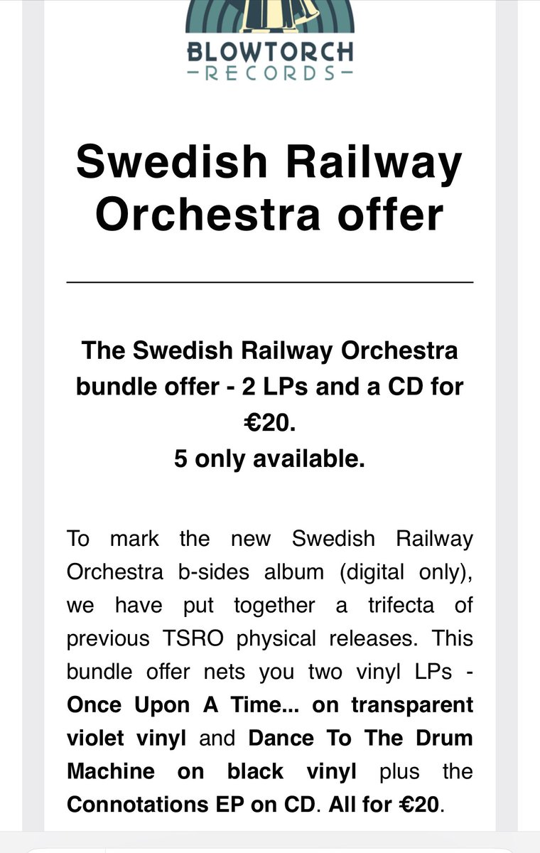 Cor (@cormac1971) on Twitter photo <a href="/TSROmusic/">The Swedish Railway Orchestra</a> This is a cracking offer from <a href="/BlowtorchRecs/">BlowtorchRecords</a> . These are genuinely great albums and I’d highly recommend if you don’t have them already <a href="/TSROmusic/">The Swedish Railway Orchestra</a> This is a cracking offer from <a href="/BlowtorchRecs/">BlowtorchRecords</a> . These are genuinely great albums and I’d highly recommend if you don’t have them already