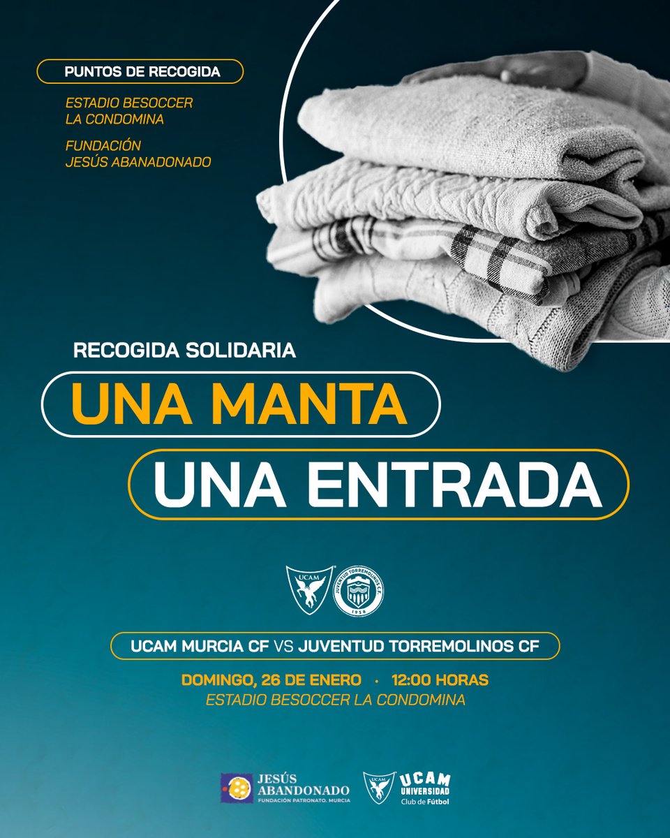 Quieres ir al partido de <a href="/UCAMMurciaCF/">UCAM Murcia CF</a> contra <a href="/JTorremolinosCF/">Juventud Torremolinos CF</a>⁉️
🧣Por cada manta que se entregue te damos una entrada
⚽ Domingo 26, 12:00h
🎟️Las entradas se pueden recoger desde hoy⬇️
🏡Centro de Acogida <a href="/FJAbandonado/">Jesús Abandonado</a> Crtra Santa Catalina 55
🏟️ El Estadio BeSoccer La Condomina