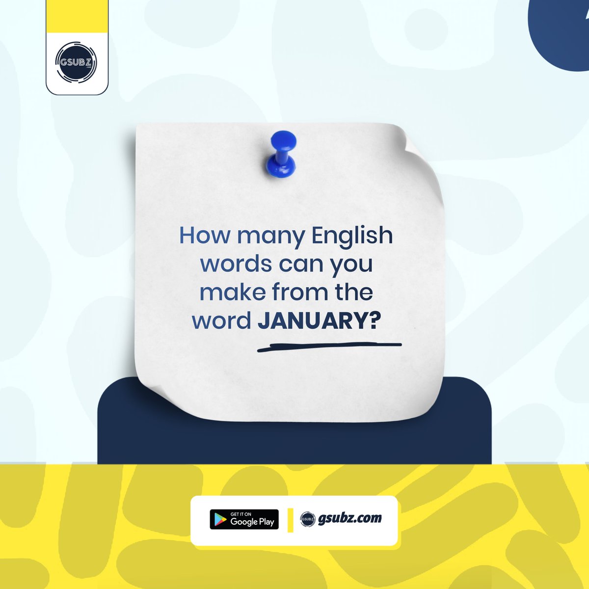 gsubzonline's tweet image. How many words can YOU create from JANUARY? Test your skills and drop your answers below! 🧠✨

#WordChallenge
#FunWithWords
#JanuaryVibes
#Gsubz
