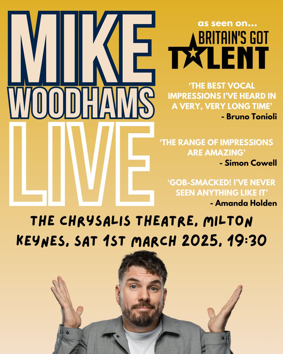Join us for Mike Woodhams LIVE on Sat 1st Mar.
Accompanied by his band, this in-person event promises to be a night to remember, filled with live music, laughter, and good vibes.
Get your tickets here - eventbrite.co.uk/e/mike-woodham…

#ChrysalisMK #LoveMK #MikeWoodhams #Comedy