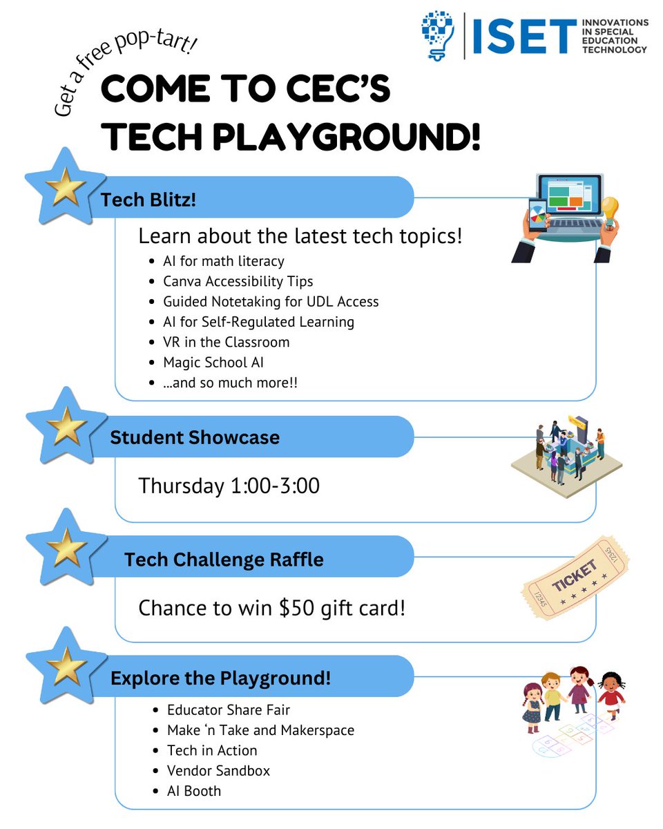 isetcec's tweet photo. 🚀Heading to #CEC2025? Join ISET at the Tech Playground! Learn from experts, try out new tools, and bring innovation back to your classroom!
✅Special Events: Tech Blitz, Student Showcase, Tech Challenge Raffle, and Playground Exploration! Don’t miss it! #TecGround @CECMembership https://t.co/Ed6evJwDBi