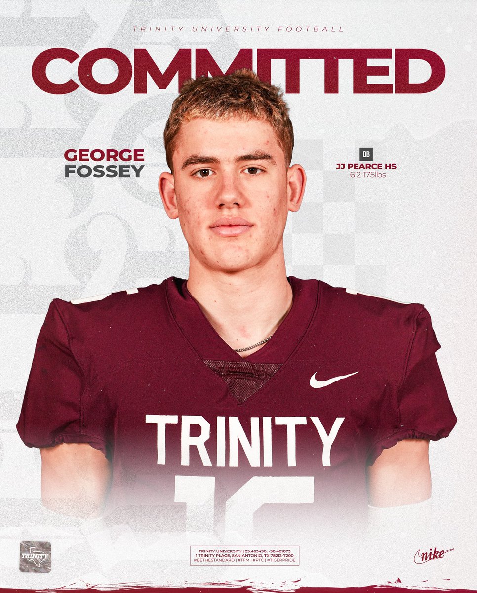 Blessed &amp; excited to announce my commitment to <a href="/TUFootballTX/">Trinity University Football</a> ! 
Let’s get to work!!

Thanks to everyone who made this possible: <a href="/CoachDaniels06/">Coach Daniels</a> <a href="/CoachJ_Lambert/">Jarrett Lambert</a> <a href="/_CoachTeeter_/">Sean Teeter</a> <a href="/Shaun_Graham_DB/">Coach Graham : EBG</a> <a href="/BAFossey/">Brooke Fossey</a> <a href="/foss1978/">Matt Fossey</a> <a href="/_Coach_Griff/">Dale Griffith</a> <a href="/JerhemeUrban83/">Jerheme Urban</a> <a href="/CoachQ_Carter/">Quentin Carter</a> <a href="/JJPMustangFB/">JJP Mustang Football</a>