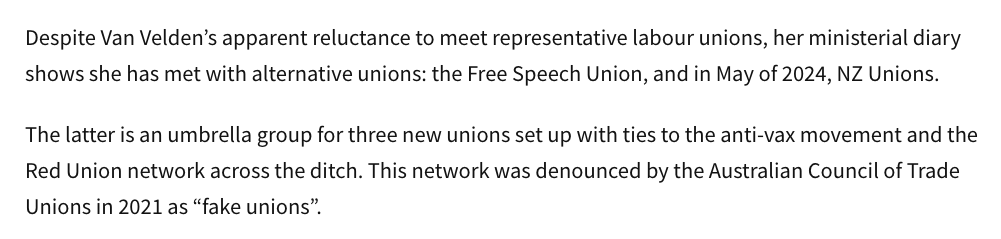 Minister Van Velden says she prefers to meet with workers directly, rarely making time to meet with the <a href="/NZ_CTU/">New Zealand Council of Trade Unions</a>, which represents 360,000 workers across the country. How many workers do they FSU and Red Unions represent? newsroom.co.nz/2025/02/04/van…