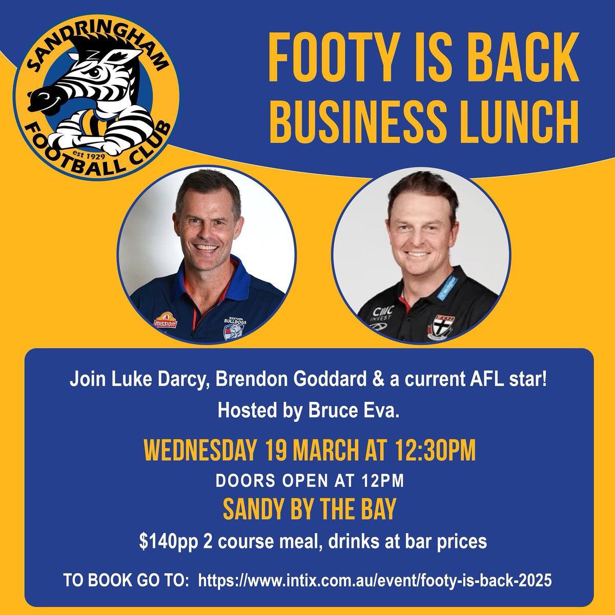 Our Footy is Back Business Lunch has returned for another year!

Join us as we talk all things footy with Luke Darcy, <a href="/stkildafc/">St Kilda FC</a>'s Brendon Goddard and our host <a href="/Beva3AW/">Bruce Eva</a> 🏉 Plus an AFL star to be announced! 

🔗 intix.com.au/event/footy-is…