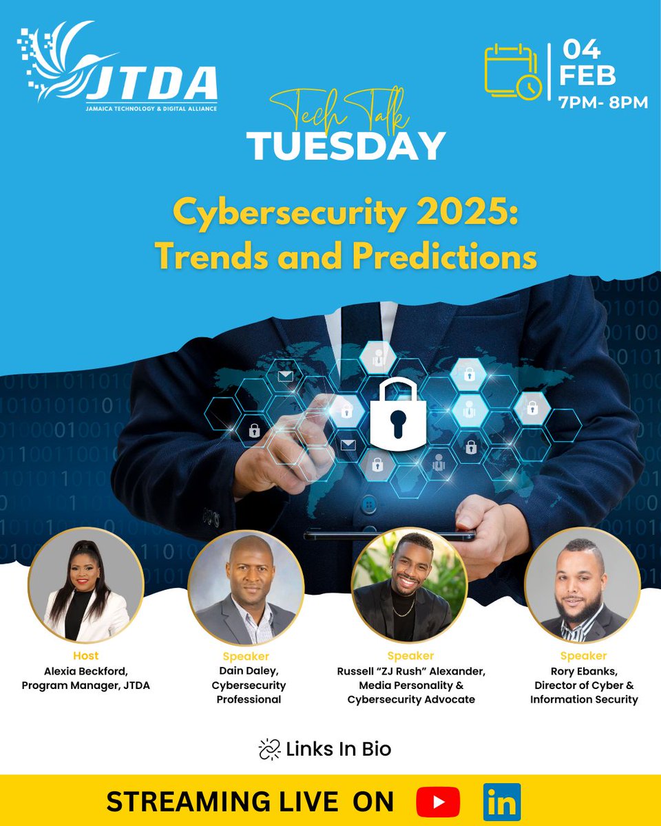 AmashikaLorne's tweet photo. Looking forward to @thejtda Tech Talk Tuesdays first talk for 2025!
Streaming on both Youtube and LinkedIn at 7:00pm.
#JTDA
#TechMatters https://t.co/ZnFSA5WVex