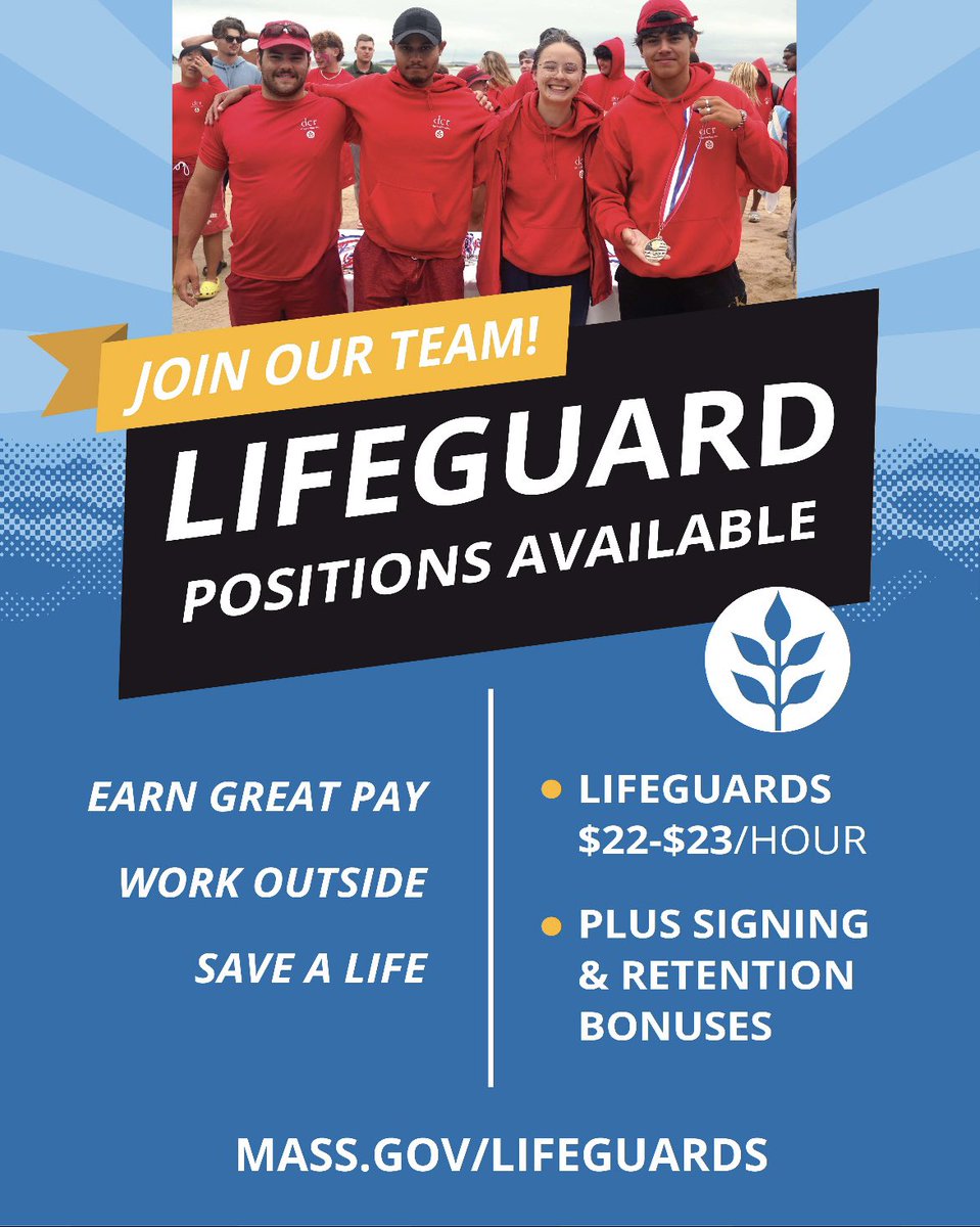 Lend a helping hand to your community while earning good money and spending your summer outside. 

<a href="/MassDCR/">MassDCR</a> is hiring lifeguards all over the state with great wages and bonuses. 

Check the link for details:

mass.gov/lifeguards