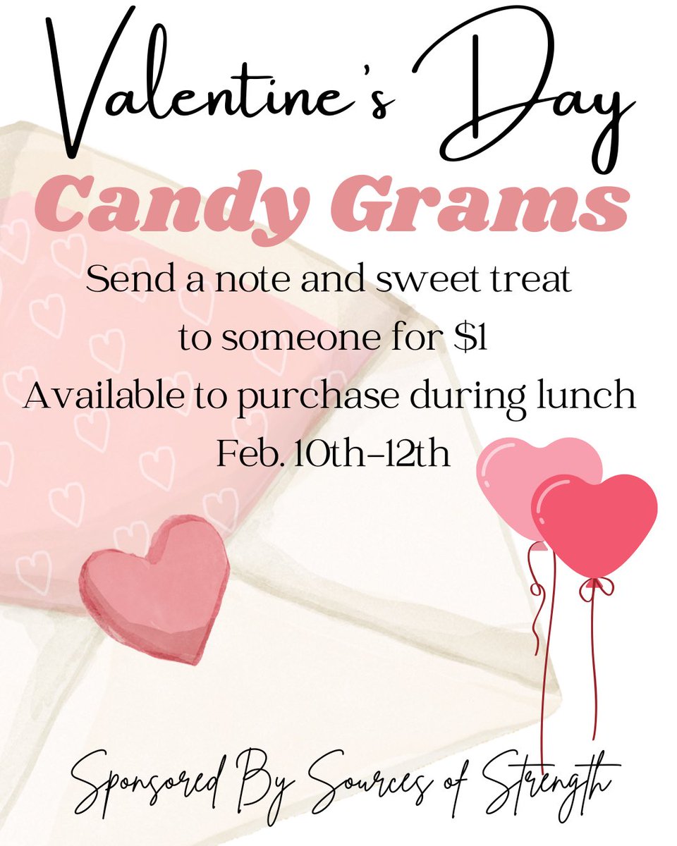 We will be selling Valentine’s Day candy grams at lunch next Monday-Wednesday! Come see us to send a note with a sweet treat to a positive friend. 🤗💝