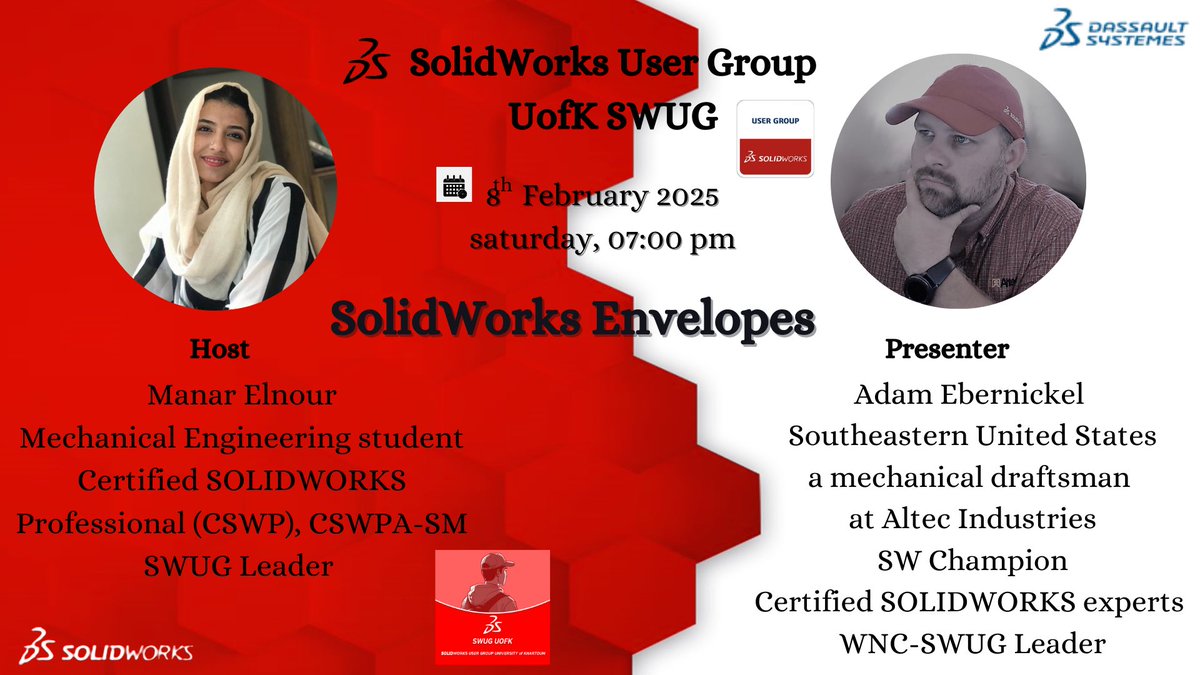 UOFKSWUG's tweet photo. 🚀 SolidWorks Envelopes: Why, When, and How to Use Them🛠
⏰ Time: 07:00 PM (Khartoum Time)

👨‍🏫 Presenter: Adam Ebernickel | WNC-SWUG Leader, Altec SWUG Rep, SW Champion

🔗 Join us on Zoom: [https://t.co/B9Tqsj5SY9

Meeting ID: 839 5156 1171
Passcode: 725149] https://t.co/FdJUYaPmZb