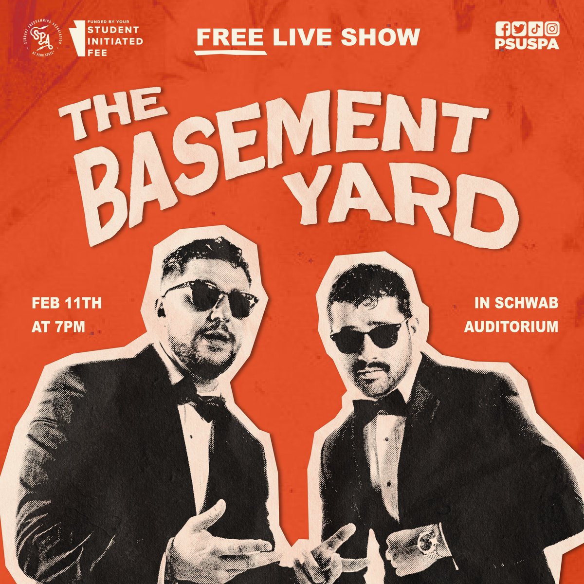 Penn State's SPA (@psuspa) on Twitter photo JOE & FRANK ARE COMING TO PSU! 🎙️🔥 Get ready for a night of laughs as The Basement Yard takes over Schwab Auditorium on Tuesday, February 11th at 7PM.
FREE student tickets drop Feb. 6 at 7PM on OrgCentral at the link in our bio! For full details visit <a href="/psuspa/">Penn State's SPA</a> on Instagram. JOE & FRANK ARE COMING TO PSU! 🎙️🔥 Get ready for a night of laughs as The Basement Yard takes over Schwab Auditorium on Tuesday, February 11th at 7PM.
FREE student tickets drop Feb. 6 at 7PM on OrgCentral at the link in our bio! For full details visit <a href="/psuspa/">Penn State's SPA</a> on Instagram.