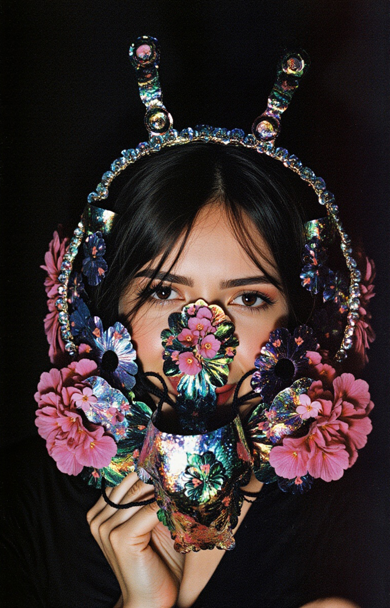 slitrobo's tweet photo. Testing use cases for a new Flux checkpoint trained on analogue floral images: fashion, graphic design, illustration, portrait. https://t.co/Swc9GSSY2P