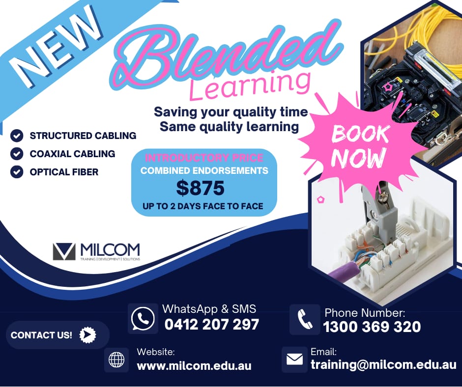 MilcomAustralia's tweet photo. Unlock Your Future with Milcom Institute's Blended E-Learning Combined Endorsement Pack! 🎓

What's Included:
Structured Cabling
Coaxial Cabling
Optical Fibre Cabling
All this for only $875!

https://t.co/wzrR0SUoF9 https://t.co/MGBJJPokSq