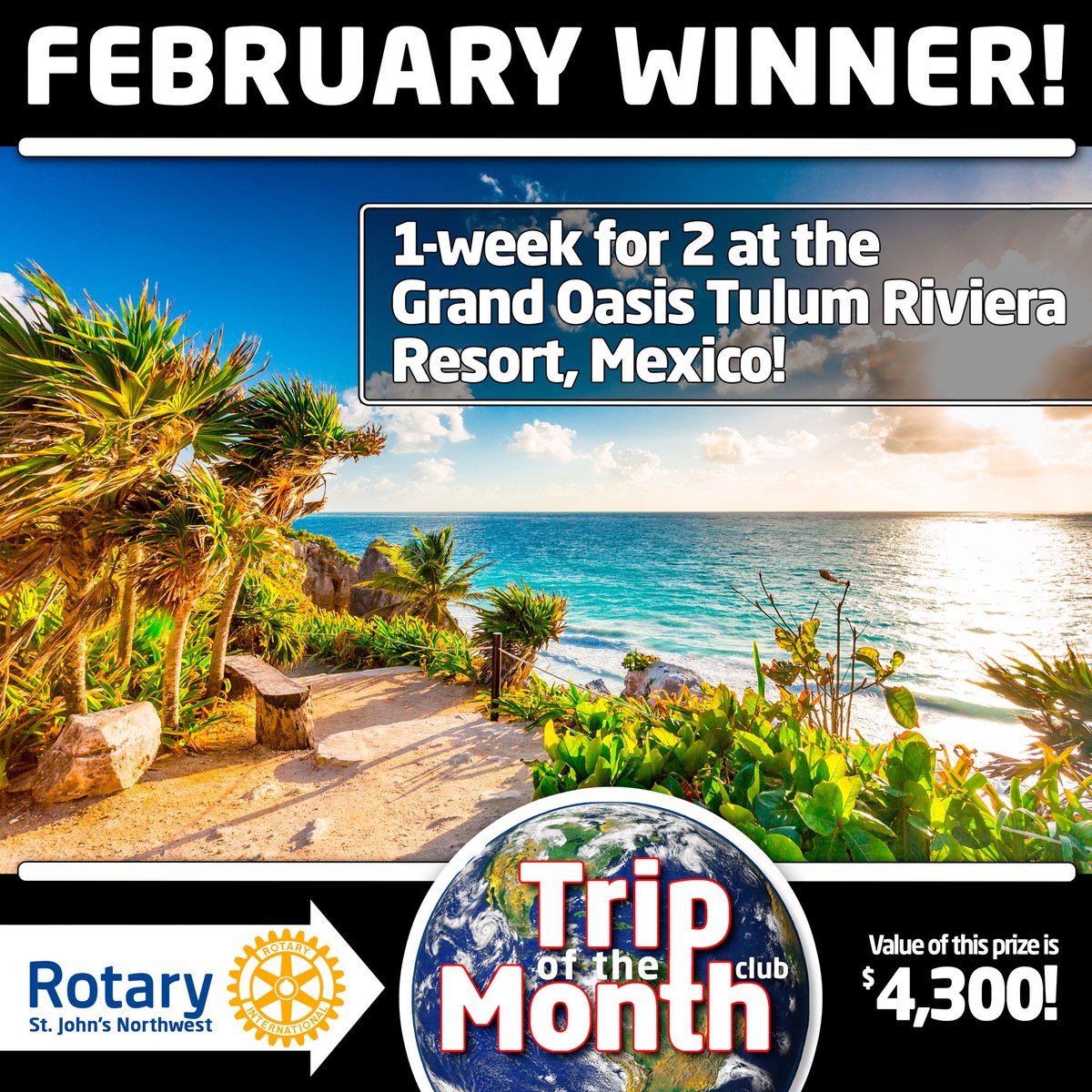 Regina Jordan...A huge congratulations! You have won a trip to the Riviera Maya, Mexico with a value of $4300.00!
$150 Consolation Prize Winners:
#011 Kelly Banfield 
#729 Kevin English 
# 240 Michael Smart
#509 Lynette Bowes
#495 Allison Stamp