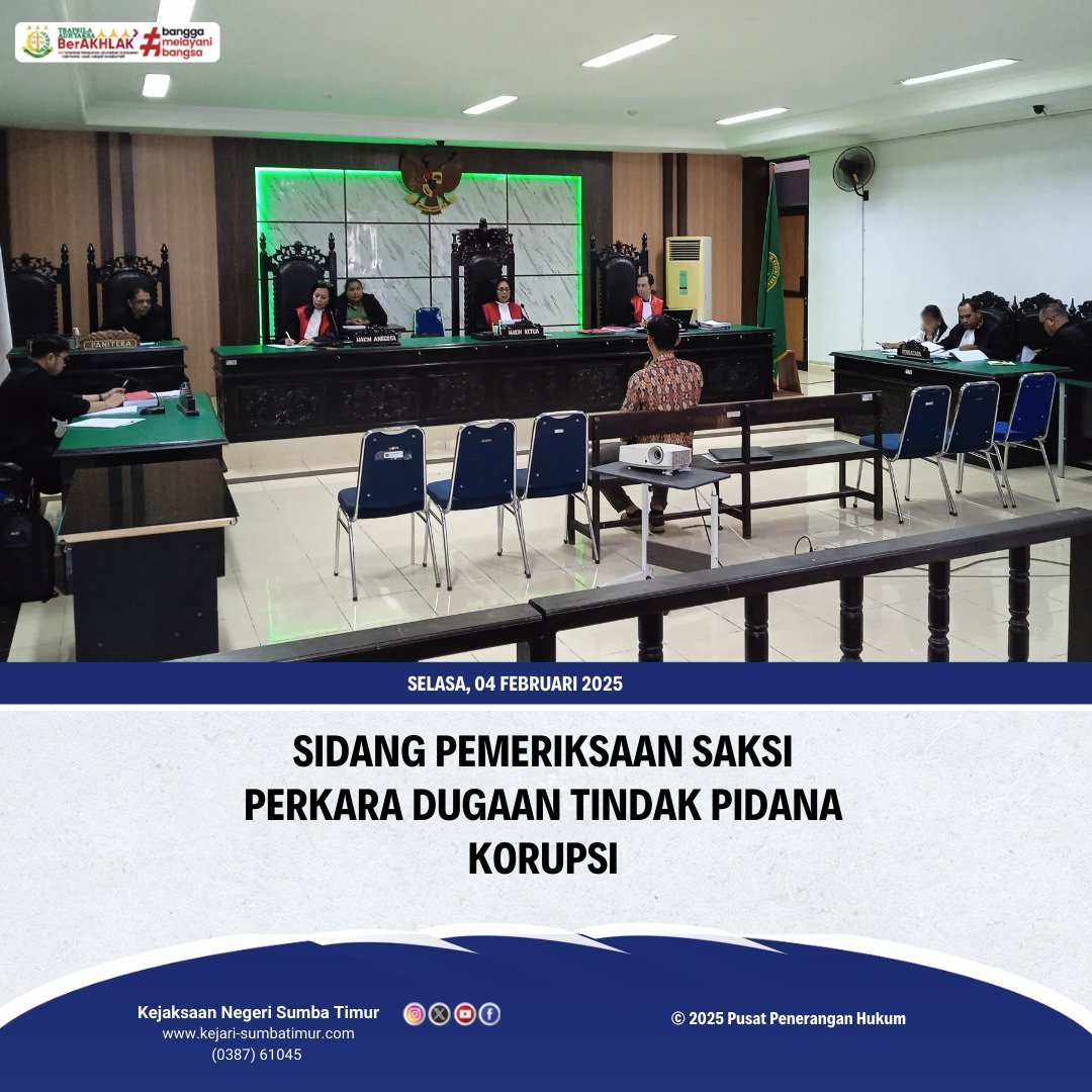 NegeriSumba's tweet photo. Selasa, 04 Februari 2025 Telah Dilaksanakan Sidang Tindak pidana khusus, Dugaan Tindak Pidana Korupsi Dalam Penyaluran Kredit Dan Penyalahgunaan Uang Pelunasan/Angsuran pada Kantor Cabang BRI Waingapu, BRI Unit Yos Sudarso dan BRI Unit Melolo Tahun 2021–2022. https://t.co/ukRlJaoCt1