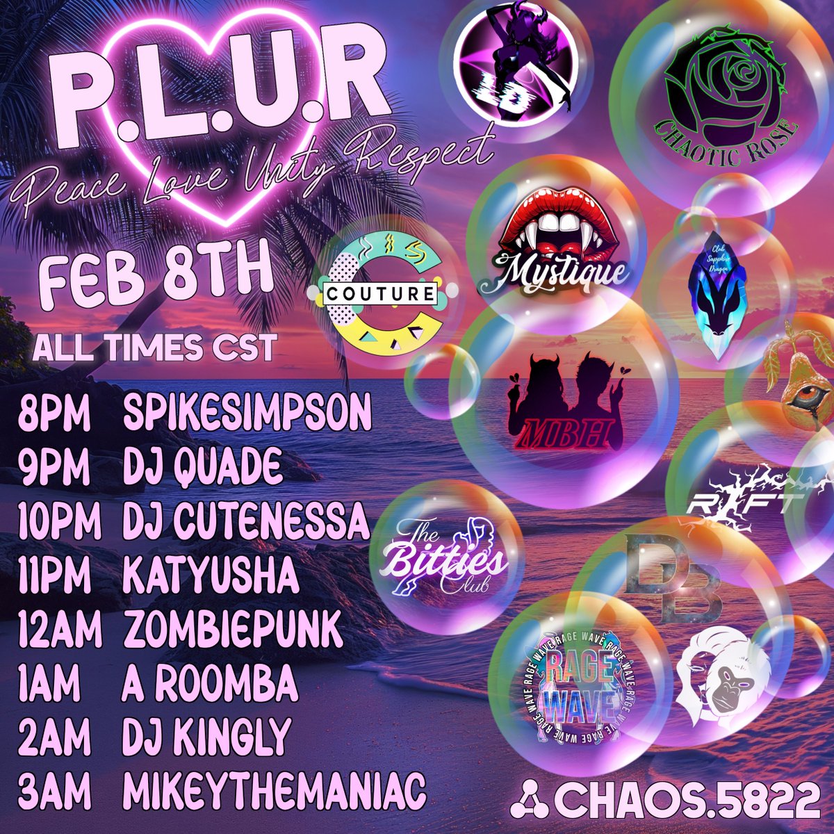 Join us this saturday for PLUR!!! #plurvrc 
vrc.group/CHAOS.5822

This is a mega-collab event with a focus on community love! 8PM to 4AM Central US time!