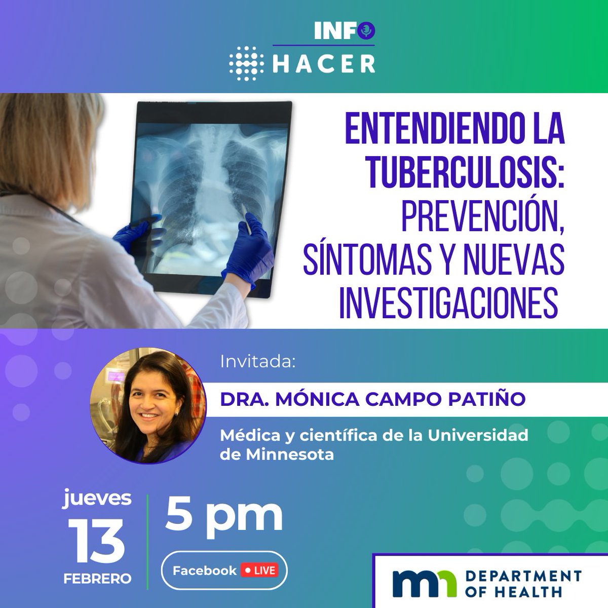 🔬 Entendiendo la Tuberculosis: Prevención, Síntomas y Nuevas Investigaciones.

Únete a la Dra. Mónica Campo Patiño, en una transmisión en vivo para conocer más sobre la tuberculosis y su impacto.

🗓 Jueves 13 de febrero | 5pm
📍Por Facebook Live: facebook.com/share/12LXpLSf…