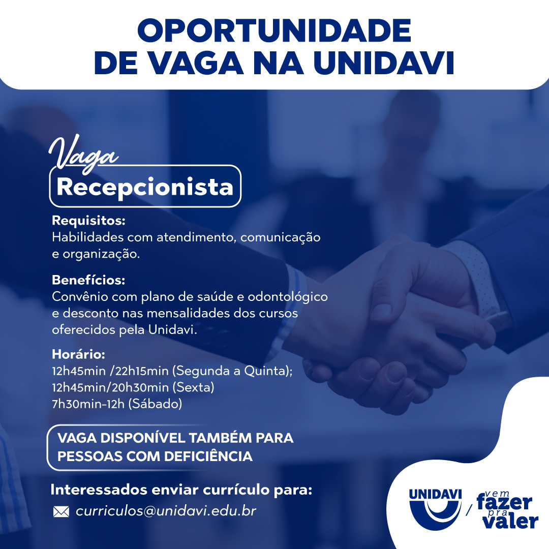 unidavi's tweet photo. Oportunidade de Emprego na Unidavi 📢

Vaga: Recepcionista

📧 Interessados encaminhar currículo para: curriculos@unidavi.edu.br

♿ Vaga disponível também para pessoas com deficiências! https://t.co/PH8ungdWTb