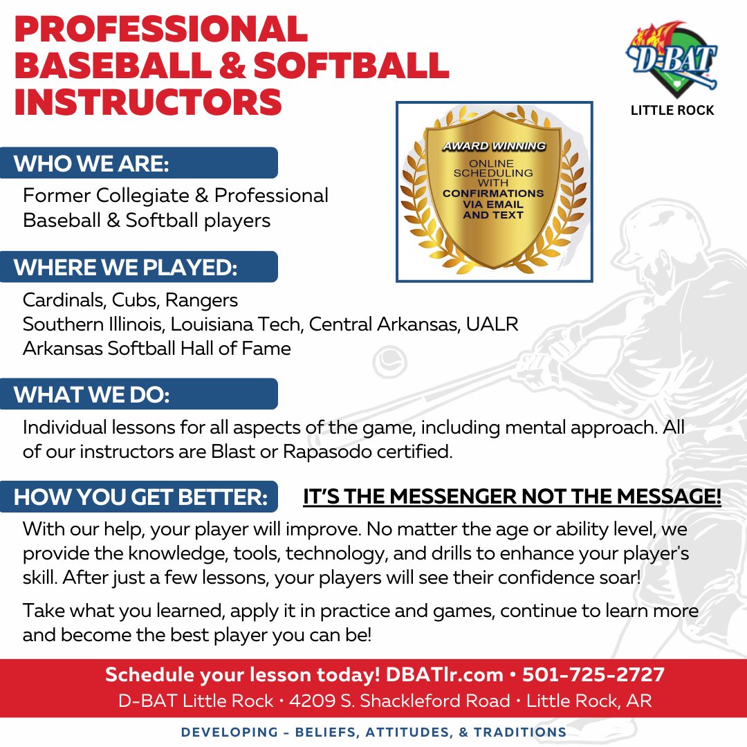 Lesson times are in high demand so be sure to schedule out as many weeks as you need. Make sure you get the most convenient time with your favorite D-BAT instructor before their schedule fills up. Let’s make this spring unforgettable—book your lessons today!