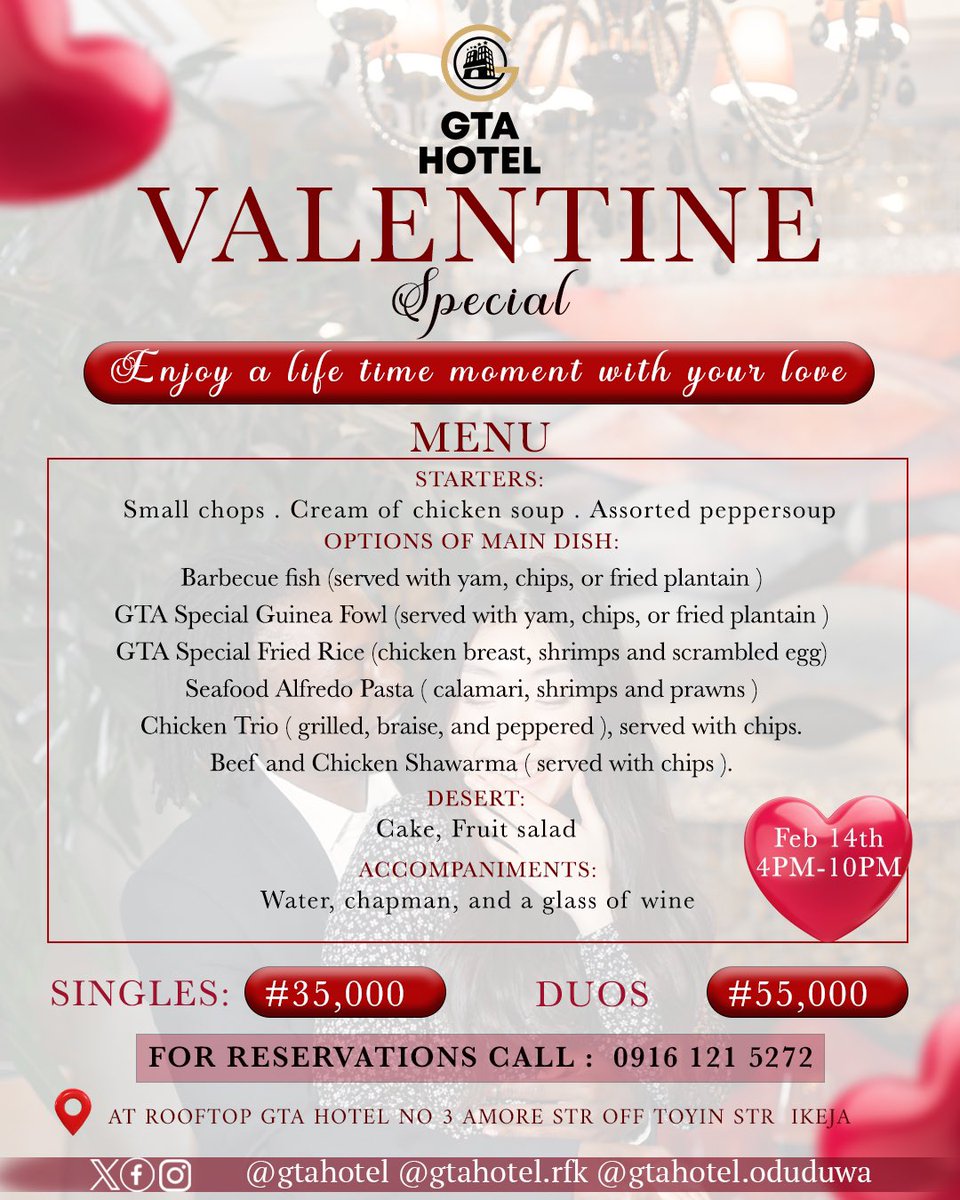 gtasignatures's tweet photo. Love ❤️ 
Come have fun with your love and create memories, enjoy our amazing yummy buffet dinner.

#gtahotel #hotel #valentine #booking https://t.co/RBS1vlNBMG