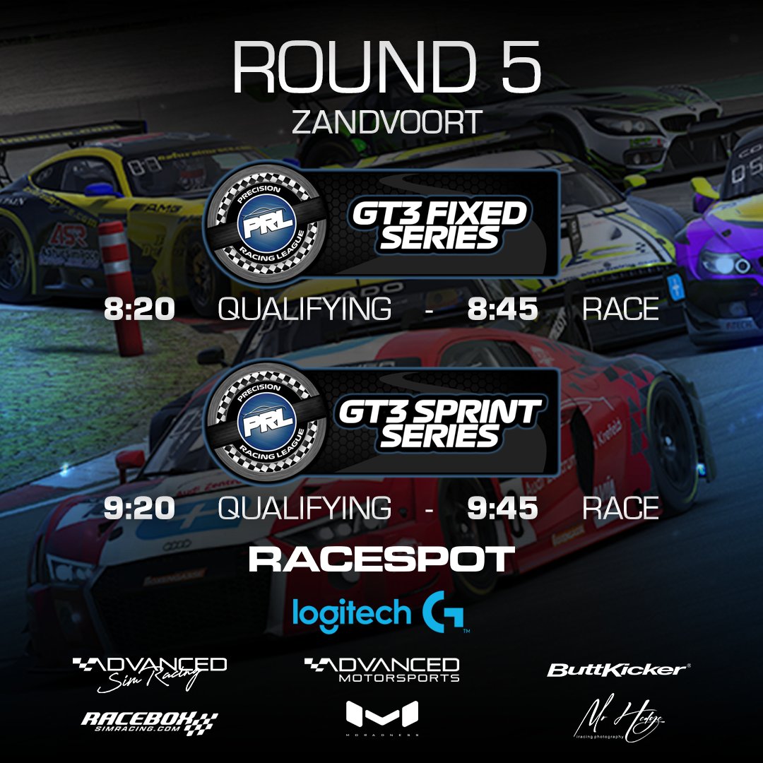 Precision Racing League (@precisionrl) on Twitter photo Zandvoort, here we come! Our GT3 drivers are ready to take on this epic challenge! Catch back-to-back action from our Fixed and Sprint Series LIVE on <a href="/RaceSpotTV/">RaceSpot TV</a> at 8:30 PM!
youtube.com/watch?v=oT5yhq…
<a href="/LogitechG/">Logitech G</a> <a href="/AdvSimRacing/">Advanced SimRacing</a> <a href="/racebox_sim/">RaceBox SimRacing 🏁</a> <a href="/TheButtKicker/">The ButtKicker</a> <a href="/Moradness/">Moradness</a> <a href="/Mr_H_Photos/">MrHedge iRacing Photography</a> Zandvoort, here we come! Our GT3 drivers are ready to take on this epic challenge! Catch back-to-back action from our Fixed and Sprint Series LIVE on <a href="/RaceSpotTV/">RaceSpot TV</a> at 8:30 PM!
youtube.com/watch?v=oT5yhq…
<a href="/LogitechG/">Logitech G</a> <a href="/AdvSimRacing/">Advanced SimRacing</a> <a href="/racebox_sim/">RaceBox SimRacing 🏁</a> <a href="/TheButtKicker/">The ButtKicker</a> <a href="/Moradness/">Moradness</a> <a href="/Mr_H_Photos/">MrHedge iRacing Photography</a>