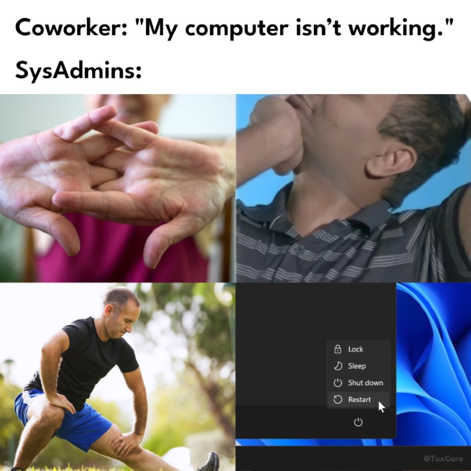 TuxCare_'s tweet image. All in a day's work. 😌

#meme #itmemes #TuxCare #linux #cybersecurity #opensource #technology #ransomware #linuxsecurity #software #hacking #devops #privacy