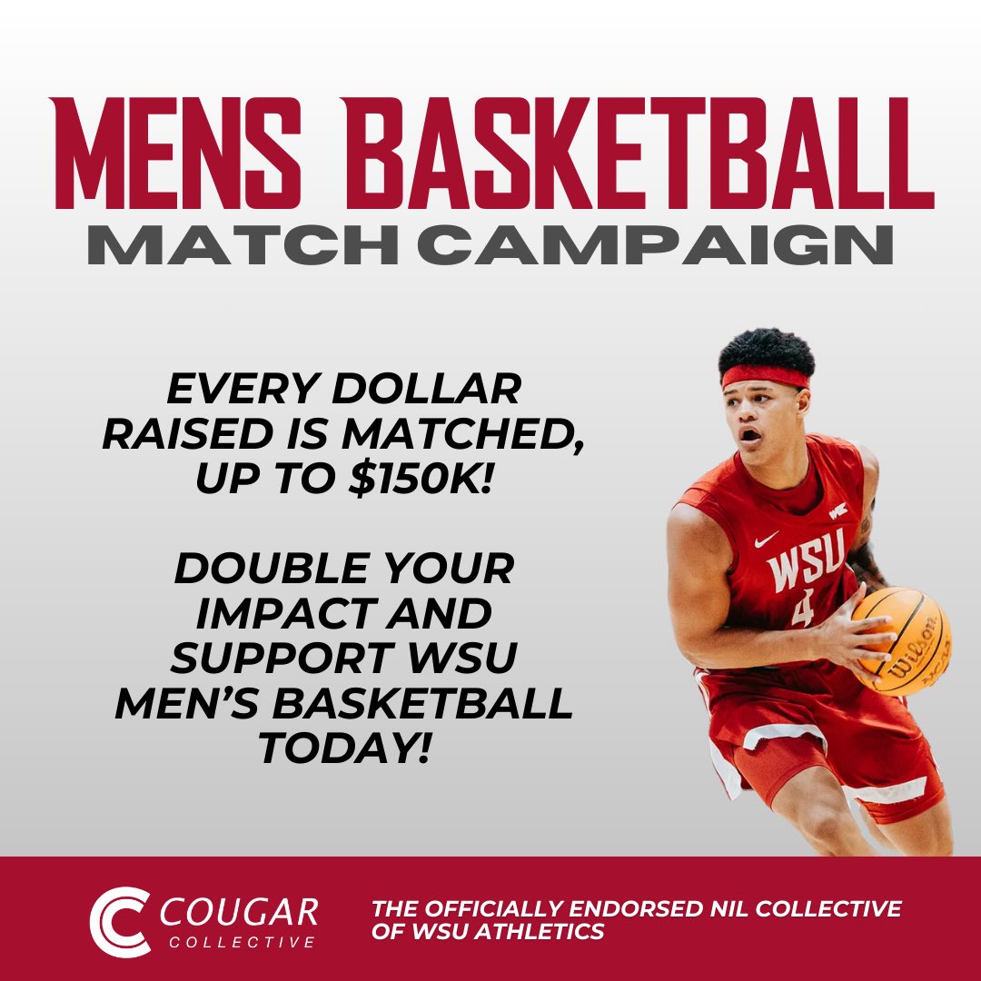 WSUCougars's tweet photo. The @CougCollective – Official Endorsed NIL Collective for WSU Athletics – has launched a brand new $300K Match Campaign for @WSUCougarsMBB. Join fellow Cougs in supporting WSU Men’s Basketball by contributing today and doubling your impact!
🔗 https://t.co/jcEeWGFx7a
#GoCougs https://t.co/lofDKhWT9Q