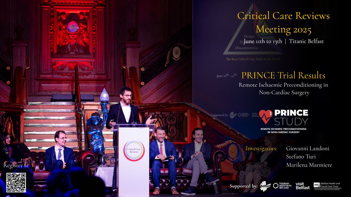 The 12th &amp; final trial for #CCR25 is #PRINCEtrial

Remote ischaemic preconditioning in non-cardiac surgery

clinicaltrials.gov/study/NCT02427…

Register via the QR code or on the CCR website

Critical Care Reviews Meeting 2025
The Best Critical Care trials in the World