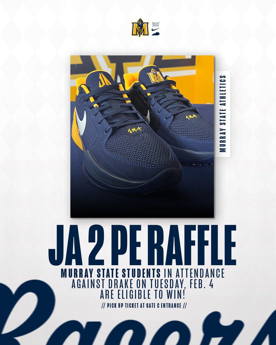 Murray State Racers Athletics (@msuracers) on Twitter photo Reminder for tonight ๐
All <a href="/murraystateuniv/">Murray State University</a> students in attendance for the <a href="/RacersHoops/">Murray State MBB</a> game will be entered into a raffle for a pair of Murray State Ja 2โs ๐
#GoRacers๐ Reminder for tonight ๐
All <a href="/murraystateuniv/">Murray State University</a> students in attendance for the <a href="/RacersHoops/">Murray State MBB</a> game will be entered into a raffle for a pair of Murray State Ja 2โs ๐
#GoRacers๐