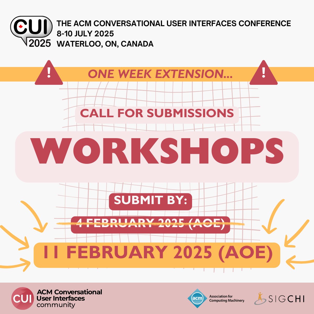 🚨 DEADLINE EXTENDED! 🚨

The submission deadline for #CUI2025 WORKSHOP proposals has been extended by 1 WEEK!

Feb 4 ➡️ Now due Feb 11 🎉

Take advantage of the extra time—get your proposals in!

Submission details: cui.acm.org/2025/submit/wo…

#CfP #CUI #HCI